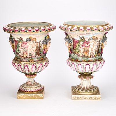 Lot TWO LARGE CAPODIMONTE PORCELAIN URNS