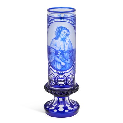 Lot 18 - A BOHEMIAN ENGRAVED BLUE-OVERLAY ACID CAMEO GLASS VASE