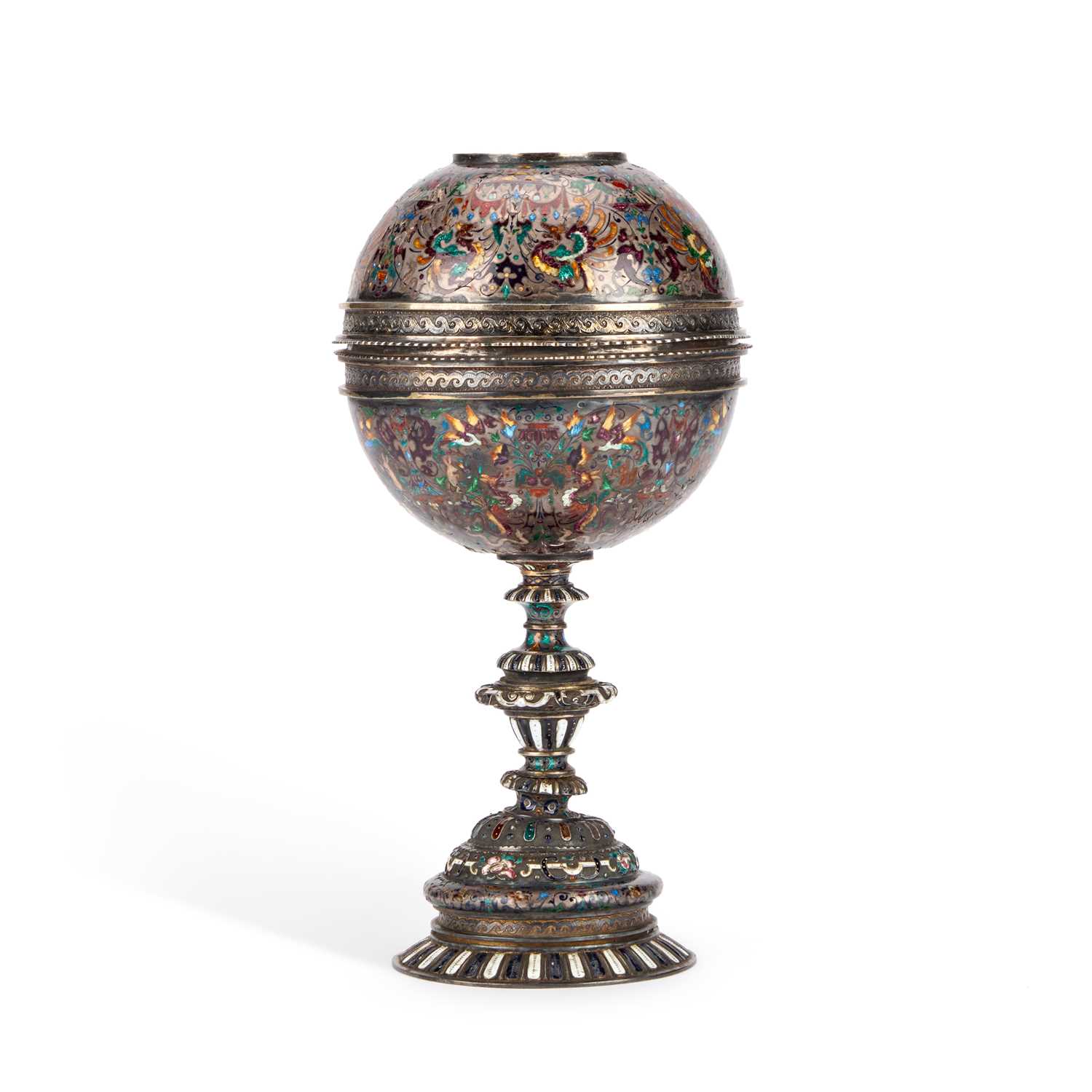 Lot A 19TH CENTURY VIENNESE SILVER AND CHAMPLEVE ENAMEL CUP AND COVER