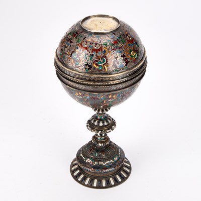 Lot A 19TH CENTURY VIENNESE SILVER AND CHAMPLEVE ENAMEL CUP AND COVER