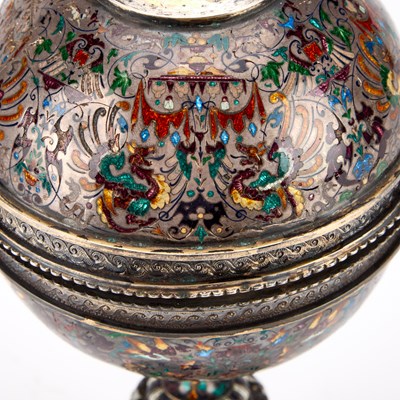 Lot A 19TH CENTURY VIENNESE SILVER AND CHAMPLEVE ENAMEL CUP AND COVER