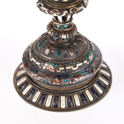 Lot A 19TH CENTURY VIENNESE SILVER AND CHAMPLEVE ENAMEL CUP AND COVER