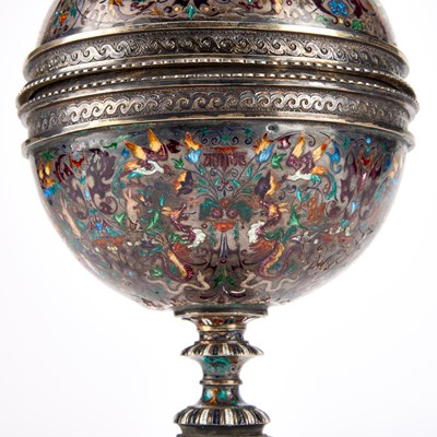 Lot A 19TH CENTURY VIENNESE SILVER AND CHAMPLEVE ENAMEL CUP AND COVER