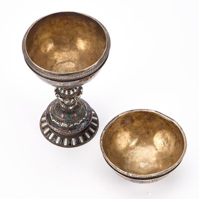 Lot A 19TH CENTURY VIENNESE SILVER AND CHAMPLEVE ENAMEL CUP AND COVER