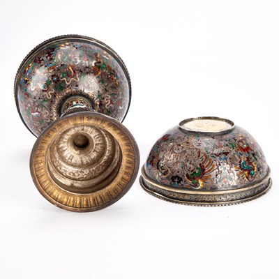 Lot A 19TH CENTURY VIENNESE SILVER AND CHAMPLEVE ENAMEL CUP AND COVER