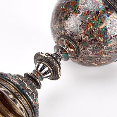 Lot A 19TH CENTURY VIENNESE SILVER AND CHAMPLEVE ENAMEL CUP AND COVER