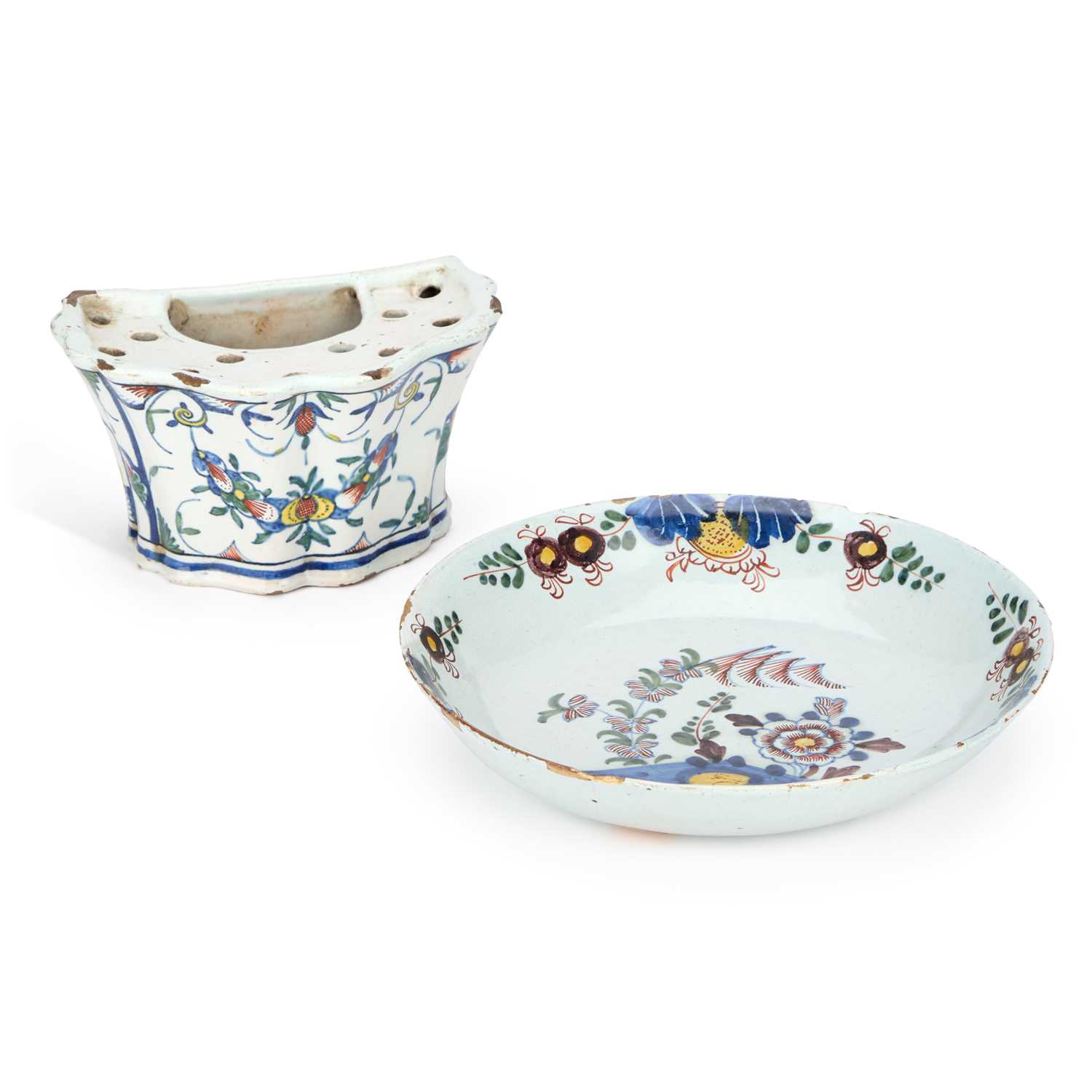 Lot AN 18TH CENTURY DELFT POLYCHROME BOUGH POT AND A DELFT POLYCHROME BOWL