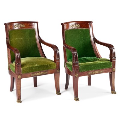Lot 353 - A PAIR OF 19TH CENTURY GILT-METAL MOUNTED MAHOGANY AND UPHOLSTERED ARMCHAIRS