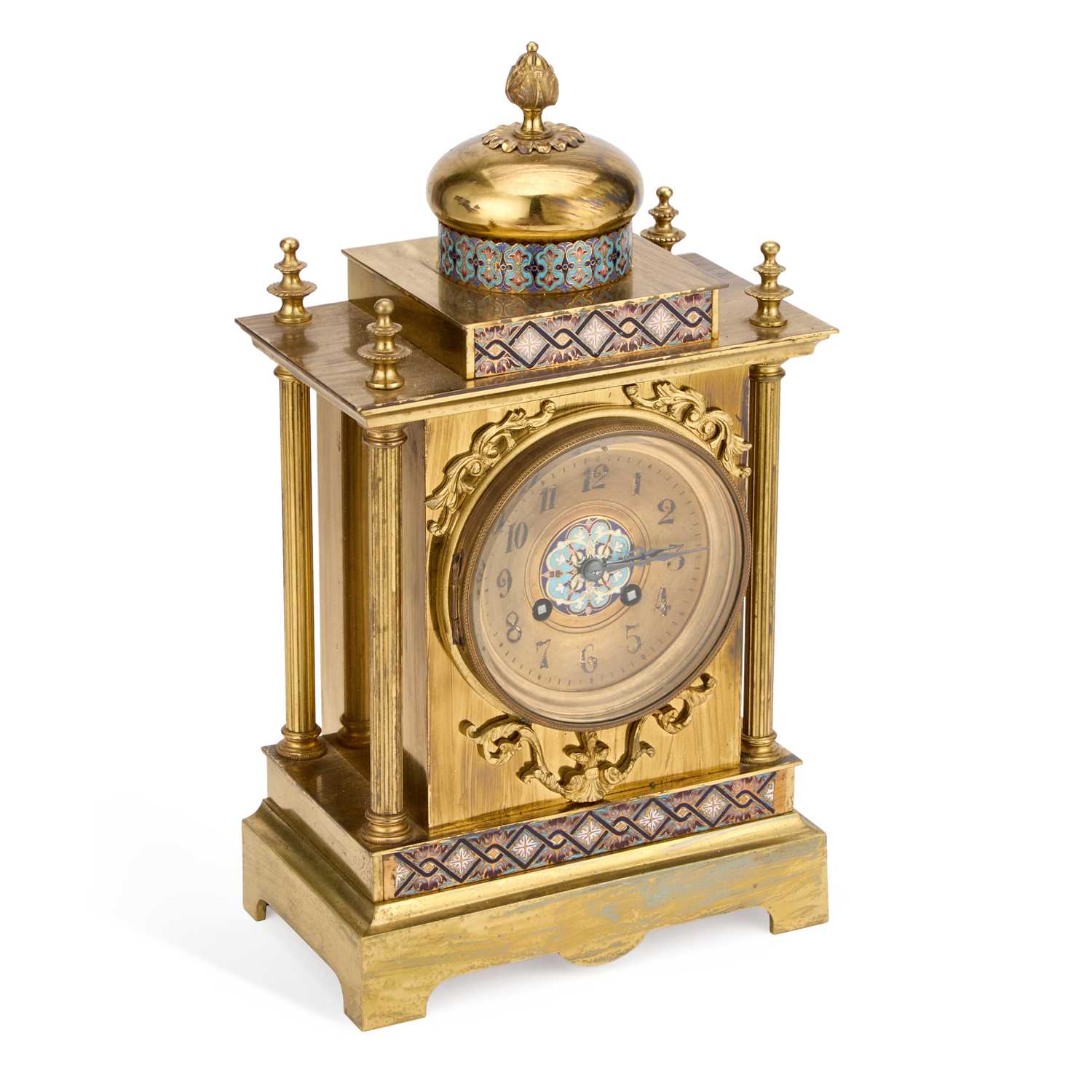Lot 950 - A LATE 19TH CENTURY FRENCH BRASS AND CHAMPLEVÉ ENAMEL MANTEL CLOCK