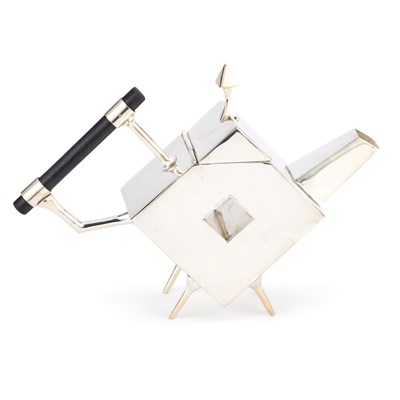 Lot 233 - A SILVER-PLATED TEAPOT IN THE STYLE OF CHRISTOPHER DRESSER