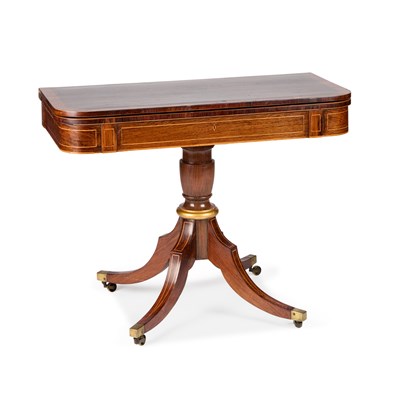 Lot 317 - A REGENCY STRING-INLAID ROSEWOOD FOLDOVER TEA TABLE