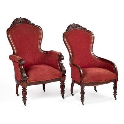 Lot 314 - A PAIR OF VICTORIAN CARVED MAHOGANY SALON CHAIRS