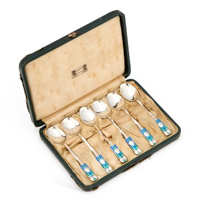 Lot 396 - A SET OF SIX LIBERTY & CO SILVER AND ENAMEL TEASPOONS