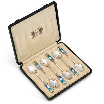 Lot 394 - A SET OF SIX LIBERTY & CO SILVER AND ENAMEL TEASPOONS