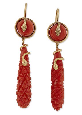 Lot 1644 - A MATCHED PAIR OF MID 19TH CENTURY CORAL PENDANT EARRINGS