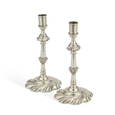 Lot 220 - A PAIR OF GEORGE II ANGLO-CHINESE PAKTONG CANDLESTICKS
