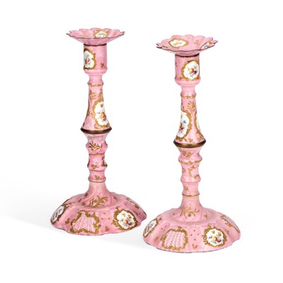 Lot 775 - A PAIR OF ENAMEL CANDLESTICKS