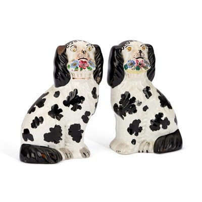 Lot 108 - A PAIR OF VICTORIAN STAFFORDSHIRE MODELS OF DISRAELI FLOWER BASKET SPANIELS