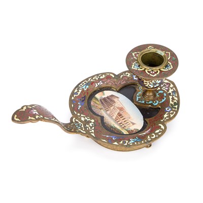 Lot 769 - A RARE 19TH CENTURY FRENCH CHAMPLEVÉ ENAMEL BRONZE CHAMBERSTICK