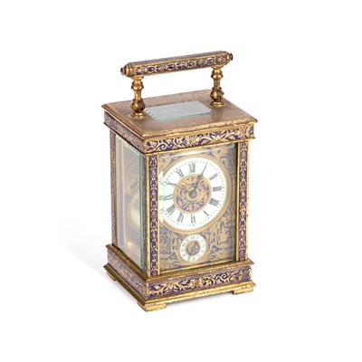 Lot 994 - A FRENCH ENAMELLED AND ENGRAVED BRASS CARRIAGE CLOCK