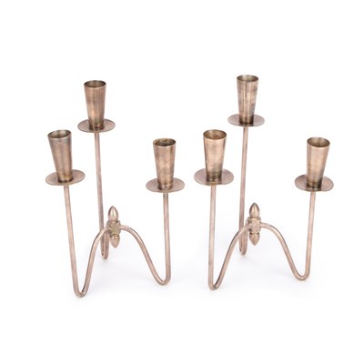 Lot 232 - A PAIR OF DANISH SILVER-PLATED THREE-LIGHT CANDELABRA