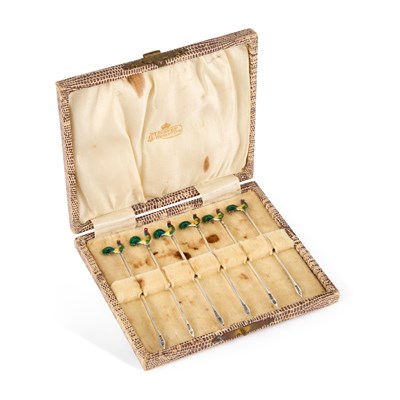 Lot 333 - A SET OF SIX GEORGE V SILVER AND ENAMEL COCKTAIL STICKS