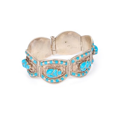 Lot 759 - AN EGYPTIAN SILVER AND ENAMEL BRACELET