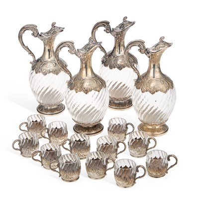 Lot 93 - A 19TH CENTURY FRENCH SILVER-MOUNTED GLASS LIQUEUR SET