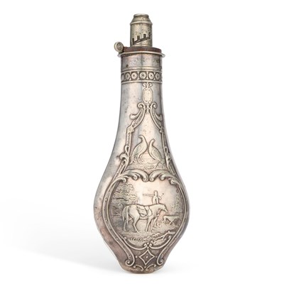 Lot 2 - A FINE VICTORIAN SILVER-PLATED POWDER FLASK