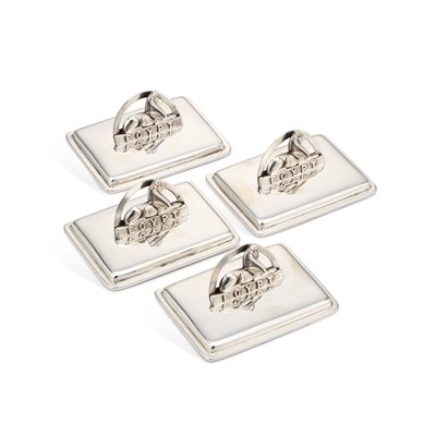 Lot 345 - REGIMENTAL INTEREST: A SET OF FOUR GEORGE V SILVER MENU HOLDERS