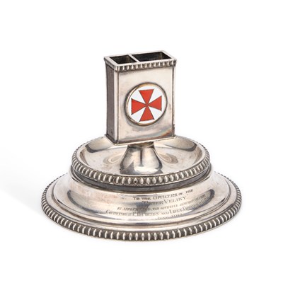 Lot 231 - WWI INTEREST: AN ELKINGTON & CO SILVER-PLATE AND ENAMEL TABLE VESTA