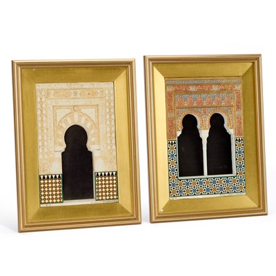 Lot 824 - A PAIR OF PAINTED MARBLE AND GESSO ALHAMBRA PLAQUES
