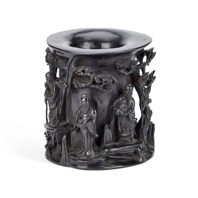 Lot 62 - A CHINESE CARVED ZITAN BRUSH POT