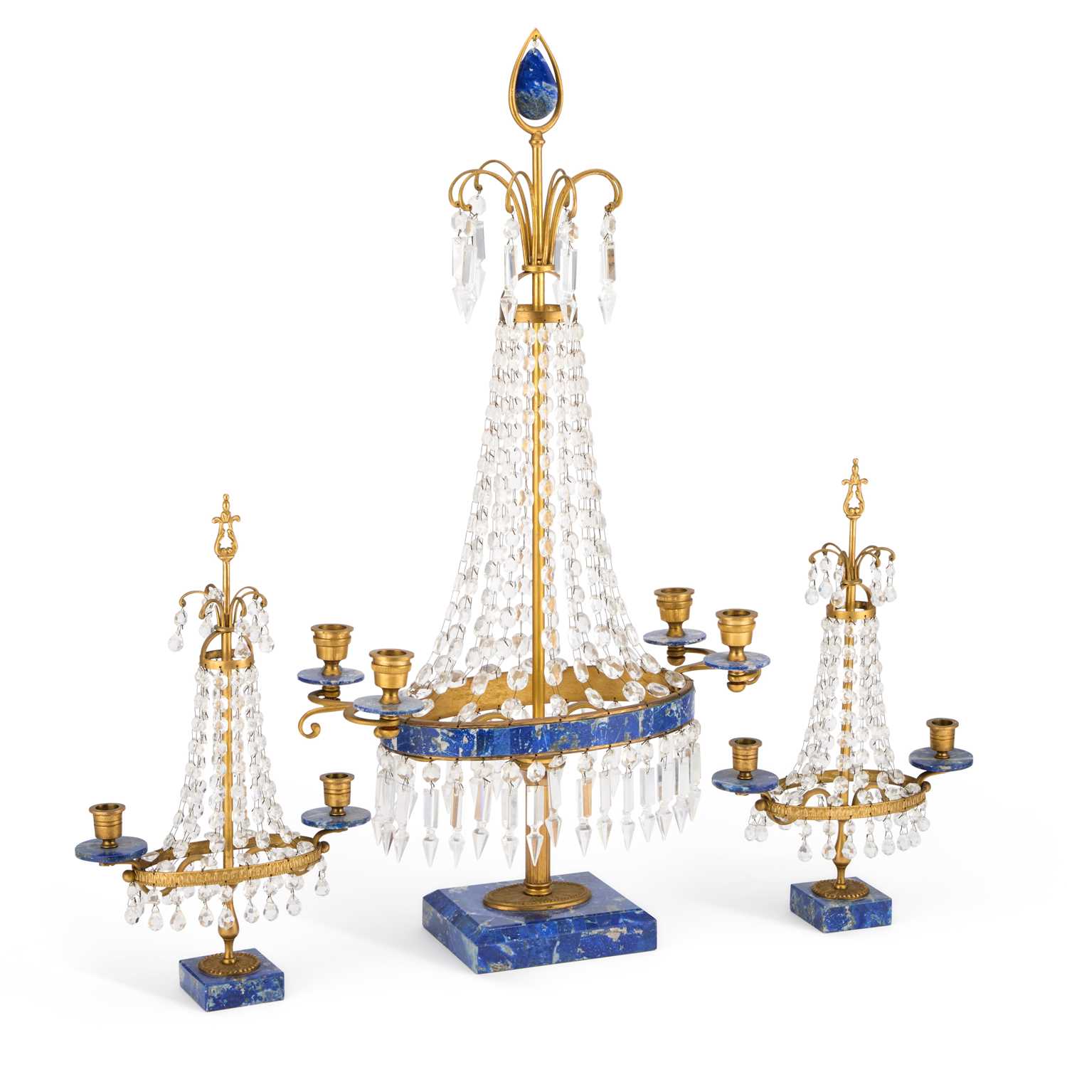 Lot 785 - A GILT-BRASS AND LAPIS LAZULI GARNITURE