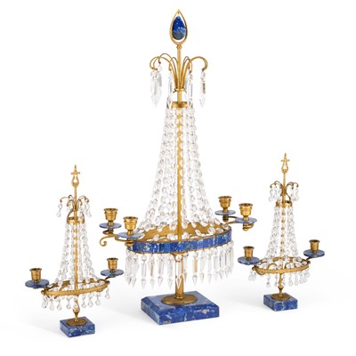 Lot 260 - A GILT-BRASS AND LAPIS LAZULI GARNITURE