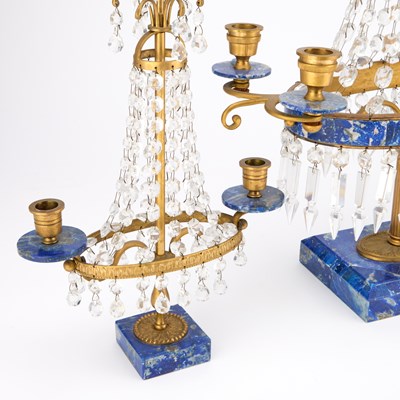 Lot 785 - A GILT-BRASS AND LAPIS LAZULI GARNITURE