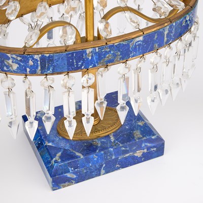 Lot 785 - A GILT-BRASS AND LAPIS LAZULI GARNITURE