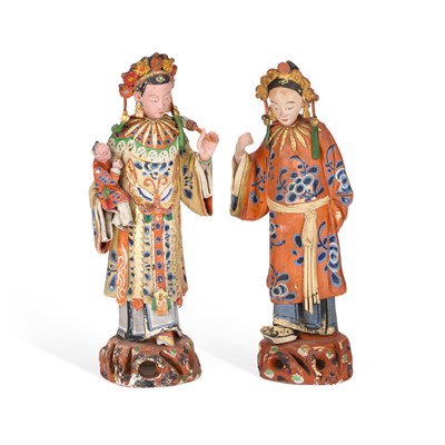 Lot 123 - A PAIR OF CHINESE POLYCHROME-DECORATED TERRACOTTA FIGURES