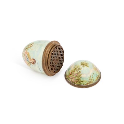 Lot 789 - A 19TH CENTURY ENAMEL NUTMEG GRATER