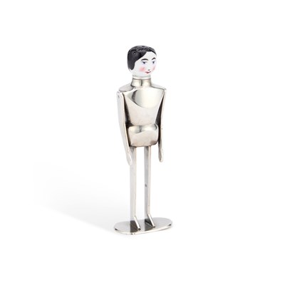 Lot 157 - AN EARLY 20TH CENTURY SILVER AND ENAMEL NOVELTY MANNEQUIN PEPPER POT