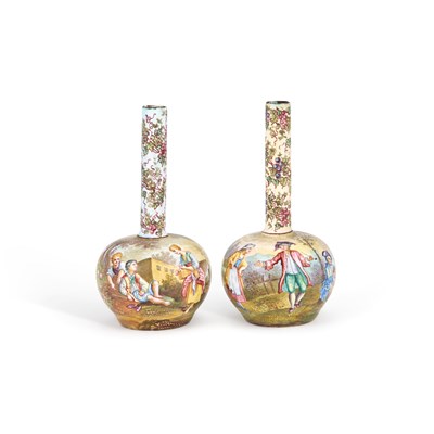 Lot 768 - A SMALL PAIR OF VIENNESE ENAMEL VASES, CIRCA 1875