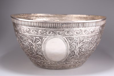 Lot 1016 - A 19TH CENTURY INDIAN SILVER BOWL, OF HUGE PROPORTIONS