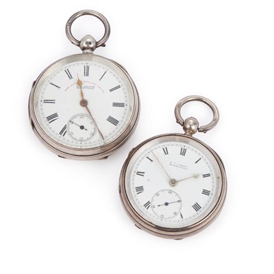 Lot 595 - TWO SILVER OPEN FACED POCKET WATCHES