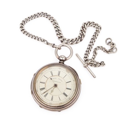 Lot 623 - A SILVER OPEN FACED CHRONOGRAPH POCKET WATCH AND CHAIN