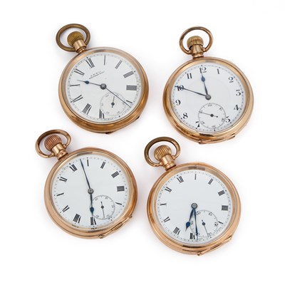Lot 593 - FOUR GOLD PLATED OPEN FACED POCKET WATCHES