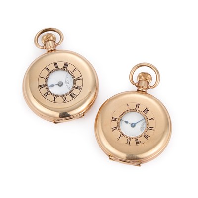 Lot 592 - TWO GOLD PLATED HALF HUNTER POCKET WATCHES