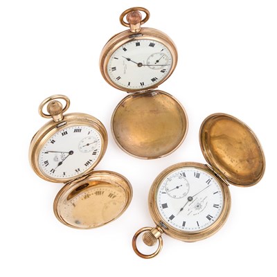 Lot 603 - THREE FULL HUNTER GOLD PLATED POCKET WATCHES