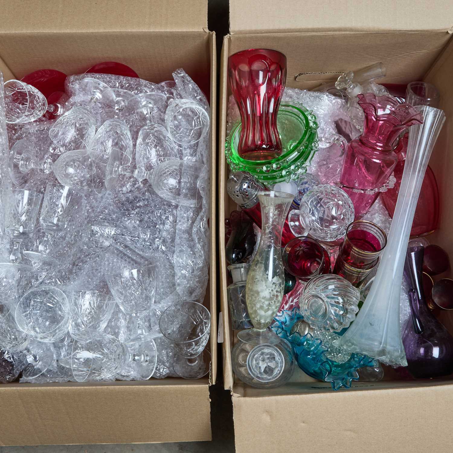 Lot 2 - TWO BOXES OF VICTORIAN AND LATER CLEAR AND COLOURED GLASS