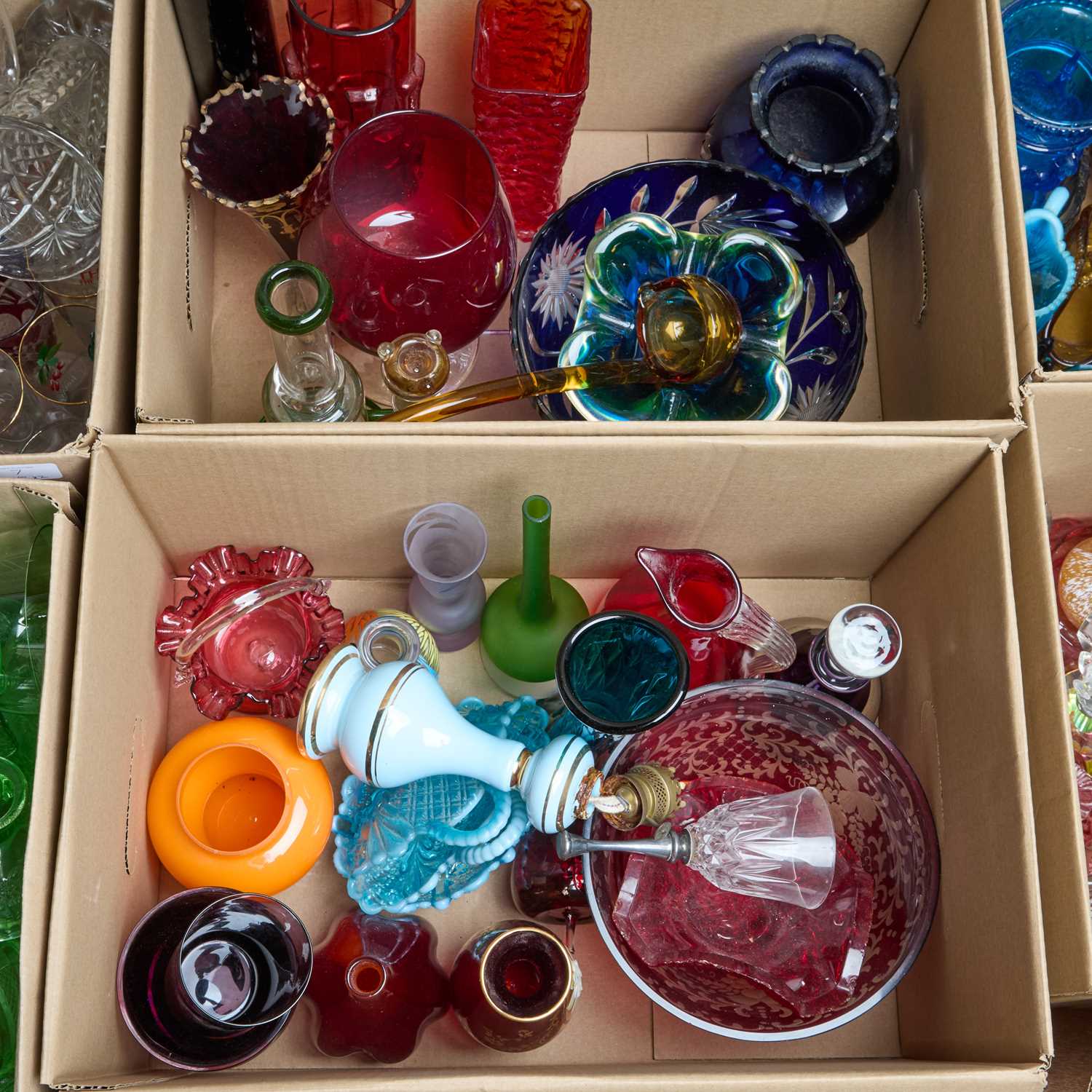 Lot 9 - TWO BOXES OF COLOURED GLASS