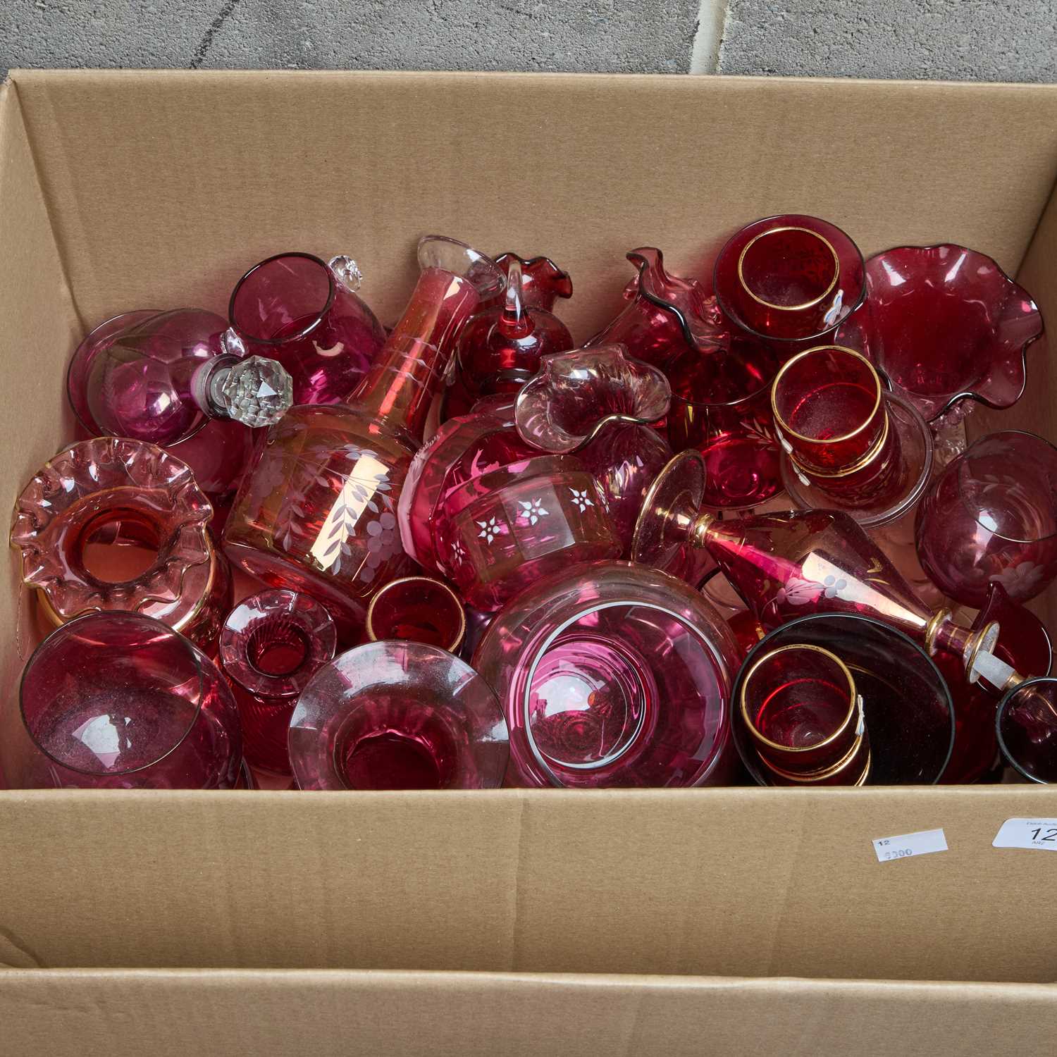 Lot 12 - A BOX OF RUBY AND CRANBERRY GLASS